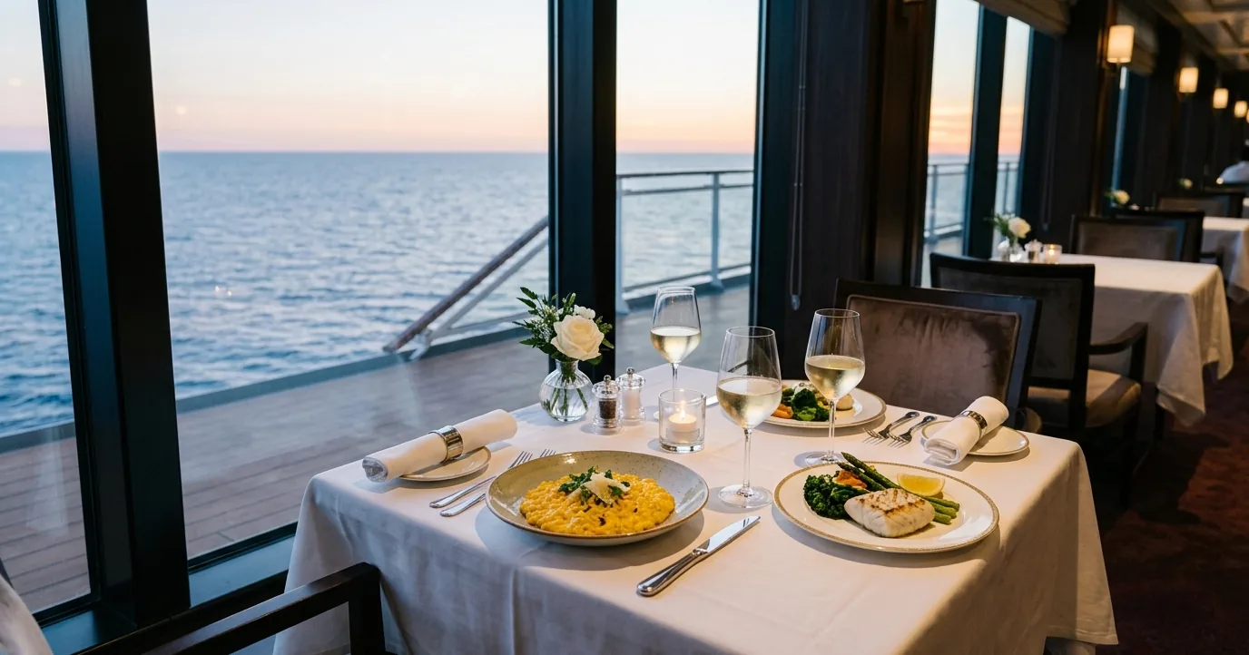 Dinner table by a window on a cruise ship