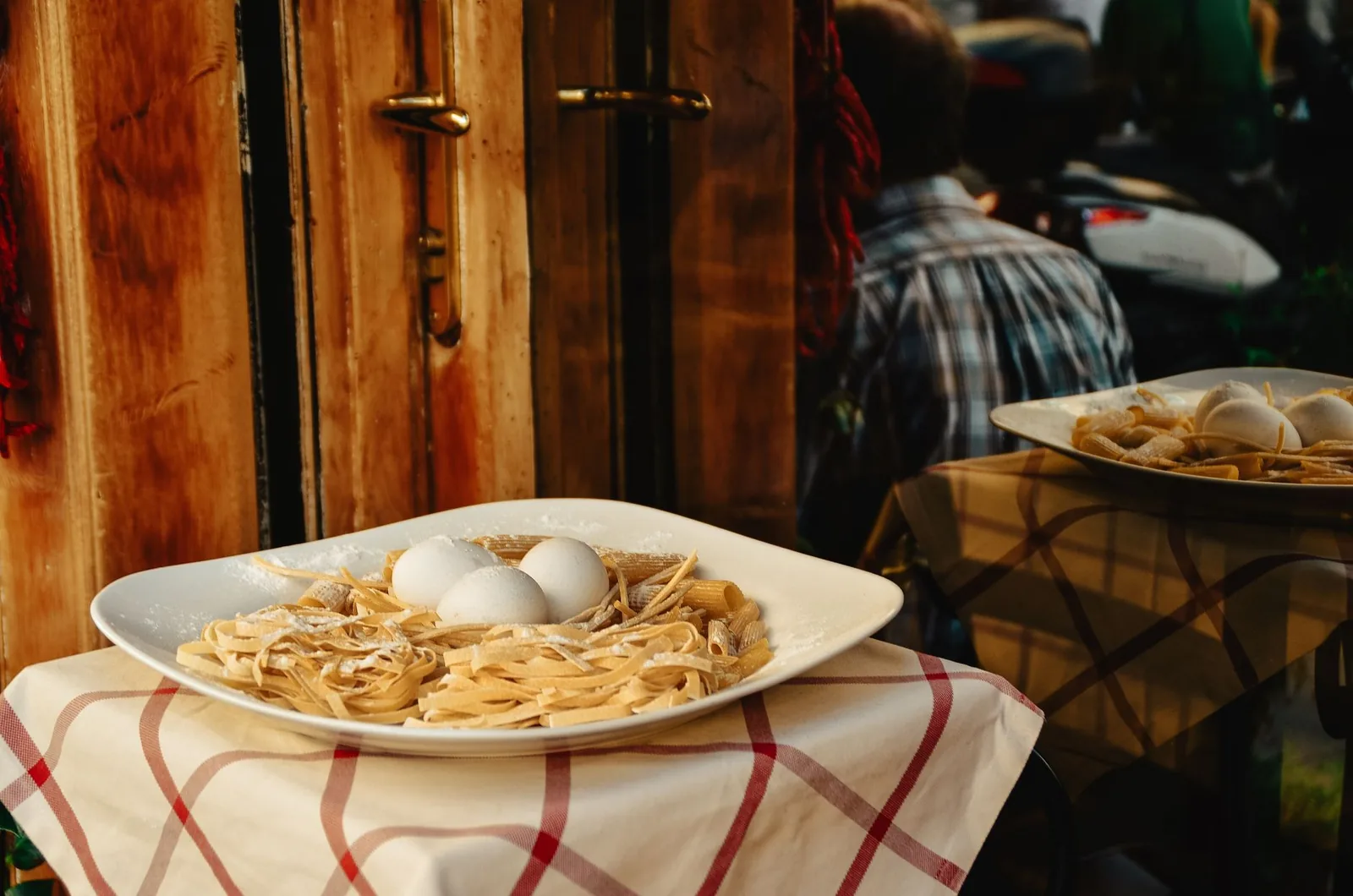 Fresh pasta and eggs outside a Rome restaurant
