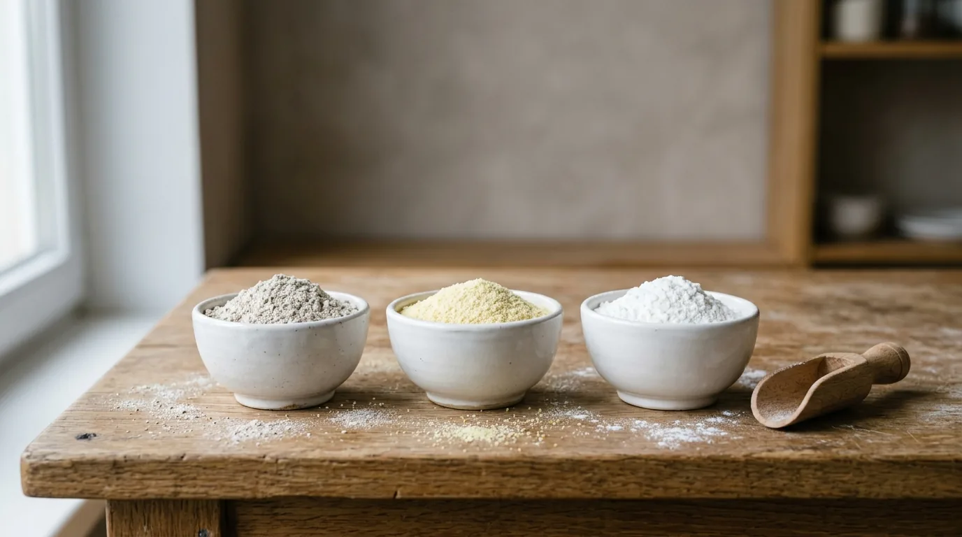 Bowls of buckwheat, millet, and rice flour on a wooden table