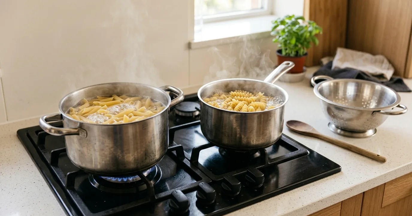 Two pots of pasta cooking side by side on a home stovetop