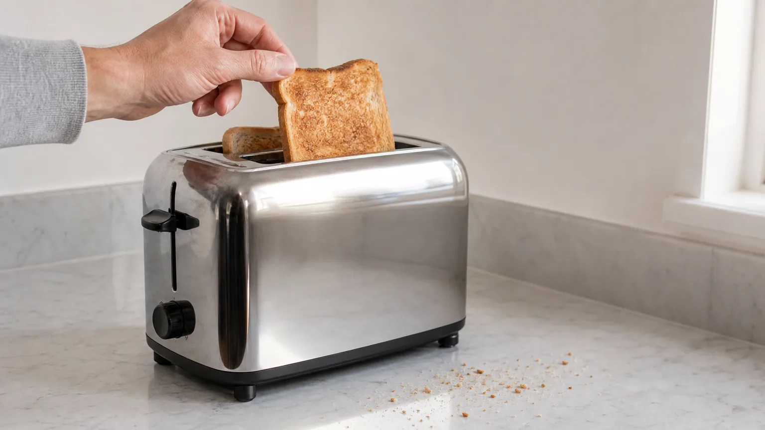 A hand lifting toast from a chrome pop-up toaster