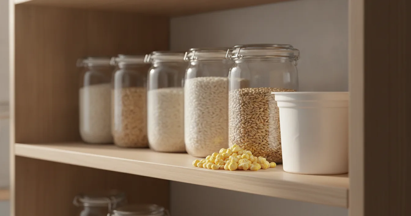 A tidy pantry shelf stocked with glass jars of rice, plain yogurt, and popcorn kernels.