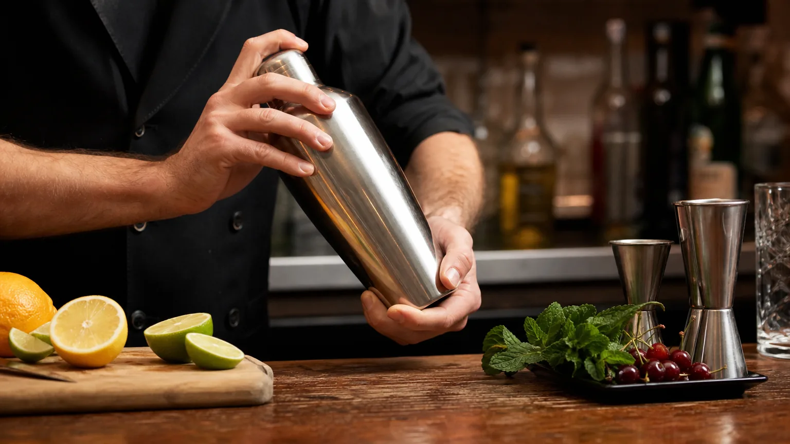 Bartender shaking a cocktail beside cut citrus