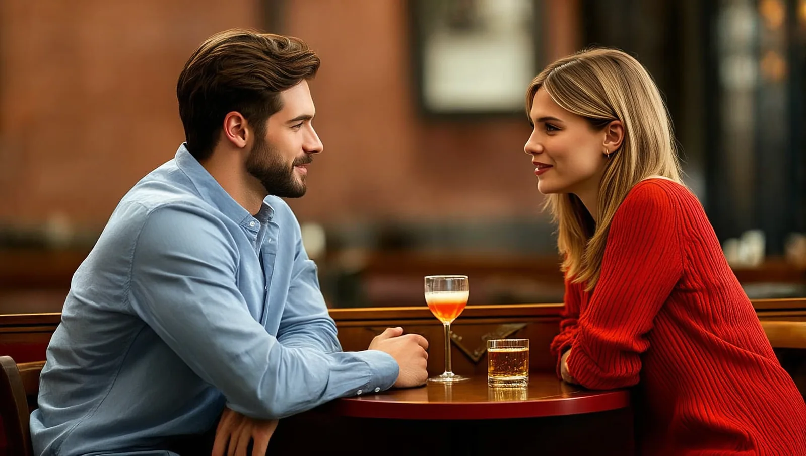 Two people talking across a small bar table