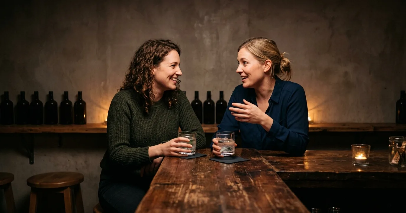 Two people talking over drinks at a bar counter