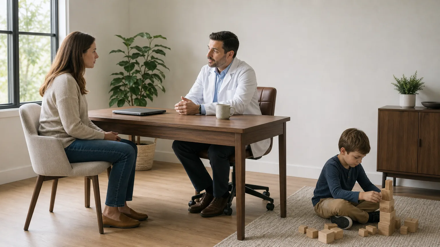 Mother talking with an allergist as her son plays