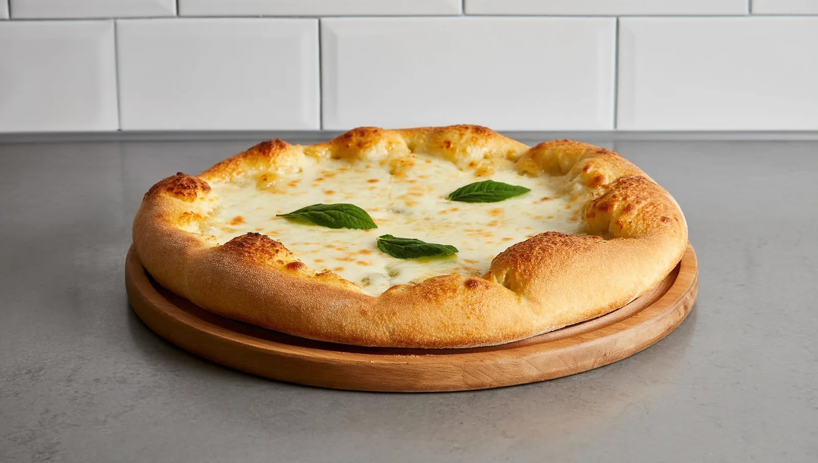 Homemade cheese pizza on a wooden board