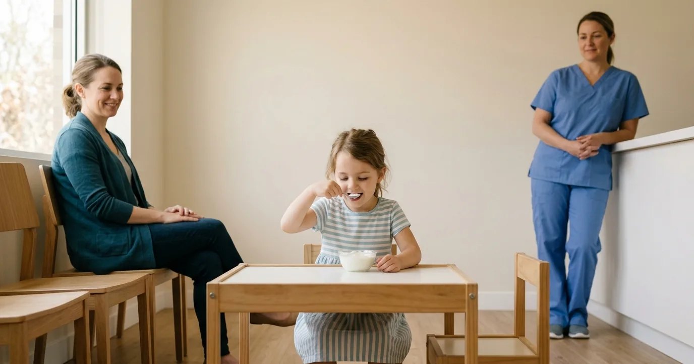 Child eating yogurt as her mother and a nurse watch