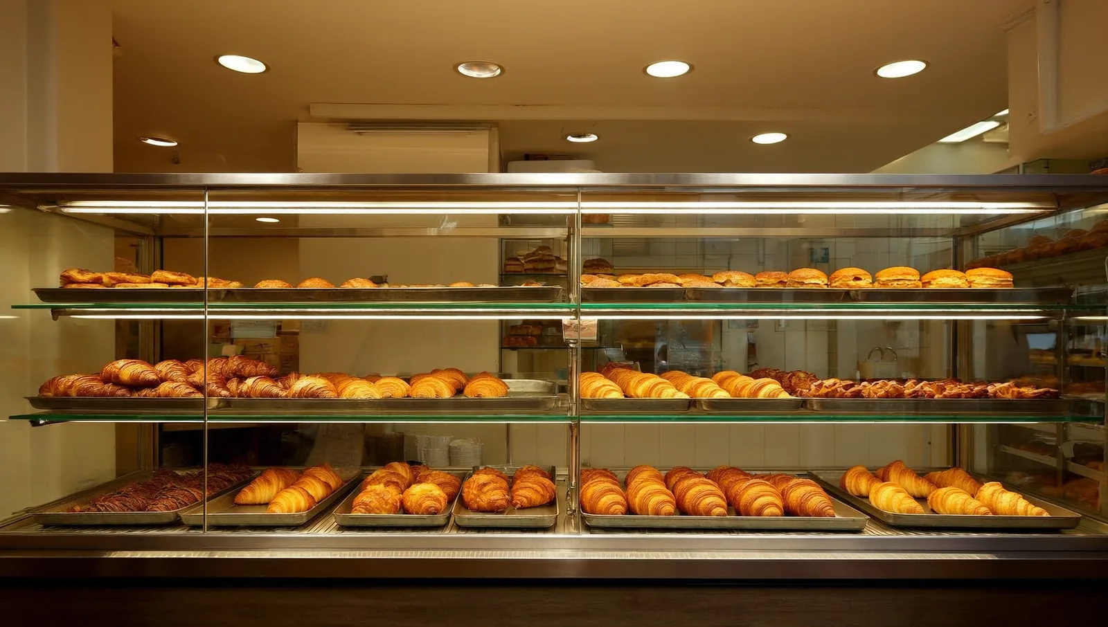A bakery display case with croissants, pastries and rolls arranged on metal trays behind glass under warm lighting.