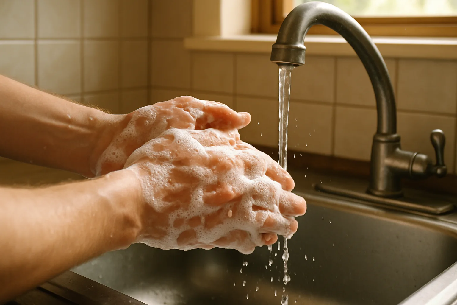 Two hands lathering soap suds under running water at a stainless steel kitchen sink.
