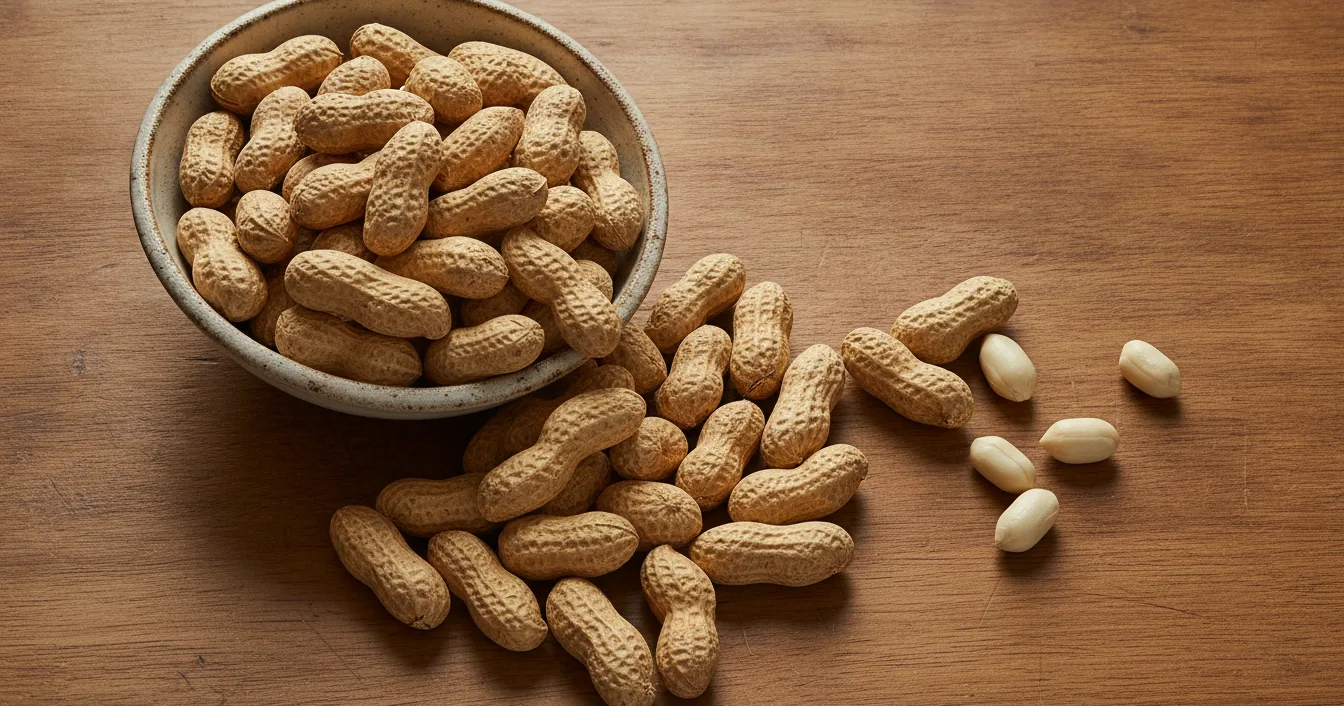 Raw peanuts in their shells spilling from a ceramic bowl onto a wooden kitchen counter, with a few shelled kernels beside them.