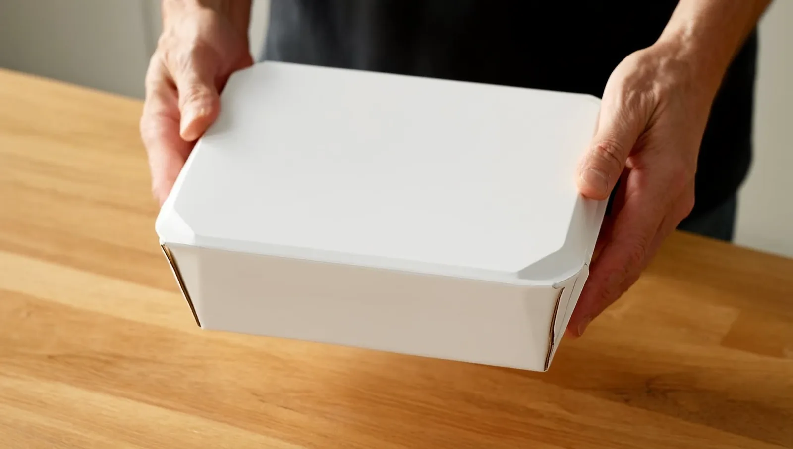 A pair of hands holding a plain cardboard food carton over a wooden kitchen table in morning light.