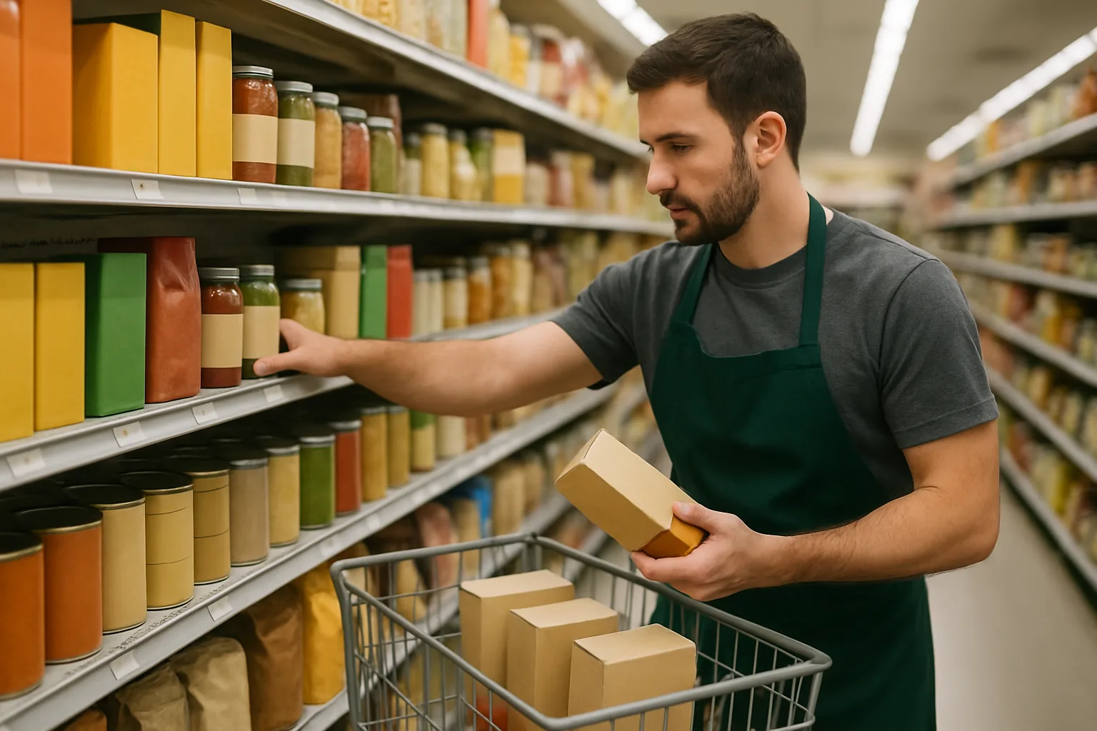 A supermarket employee in an apron pulling packaged products from a grocery aisle shelf into a stocking cart.