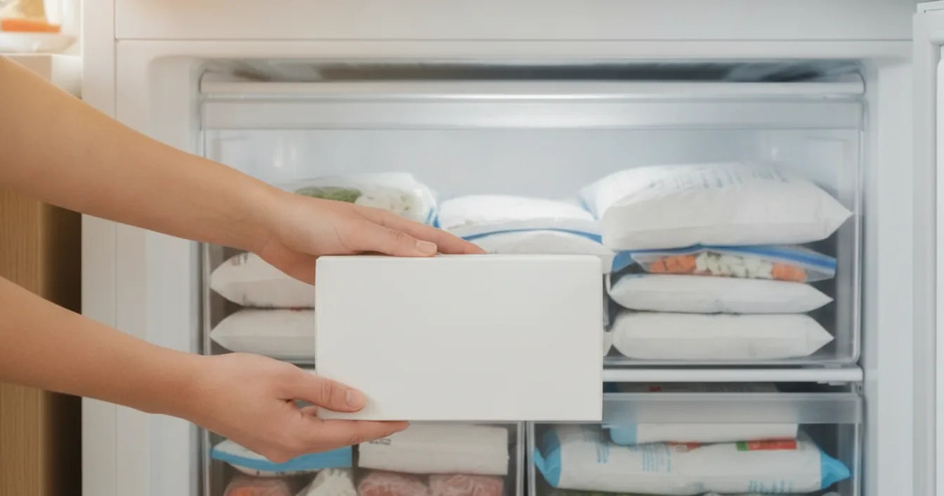 A person holding a plain unlabeled frozen food carton in front of an open home freezer drawer full of frozen packages.