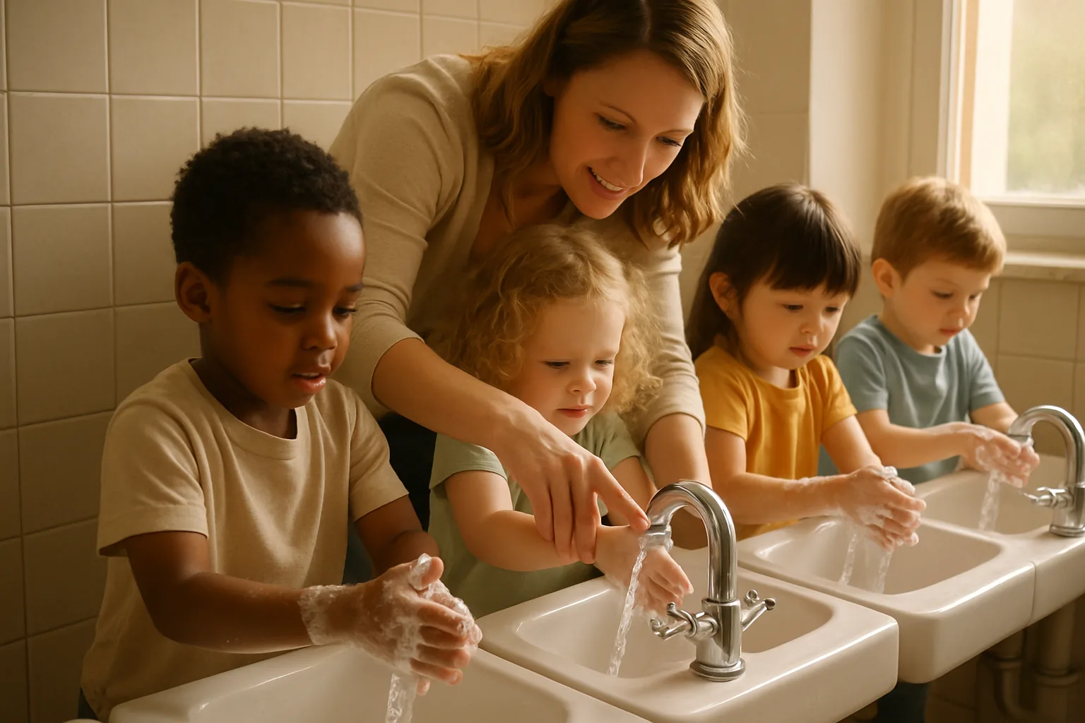 Young children washing their hands with soap at a row of low classroom sinks while a teacher helps one of them.