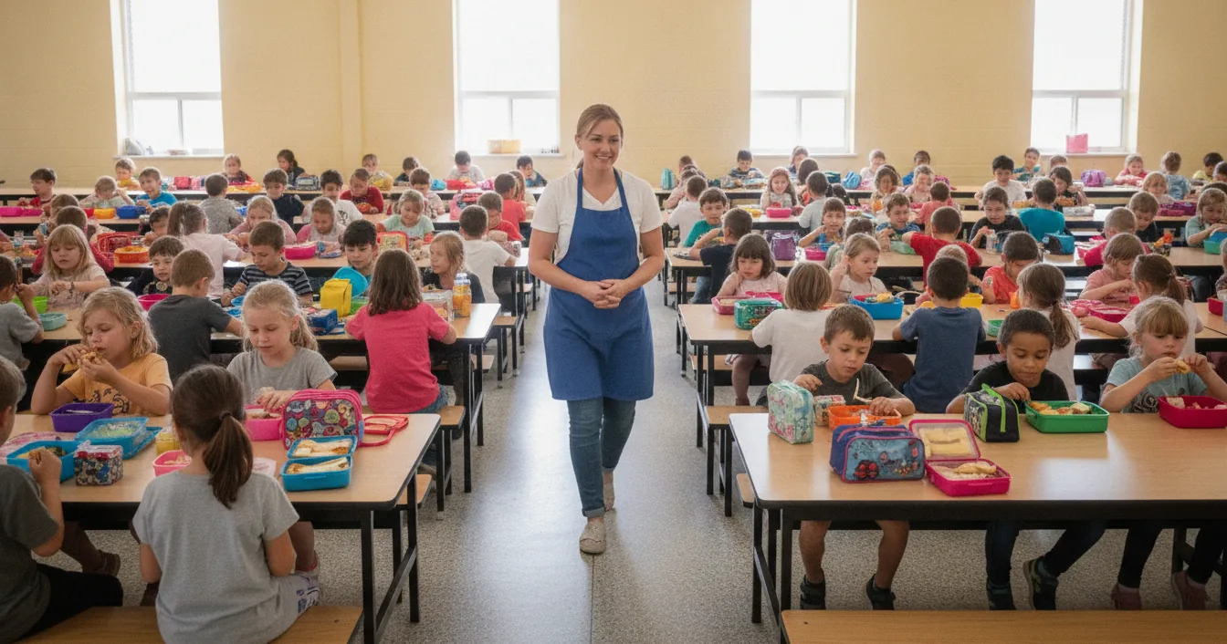 A school staff member walking between long cafeteria tables while children eat packed lunches from open lunchboxes.
