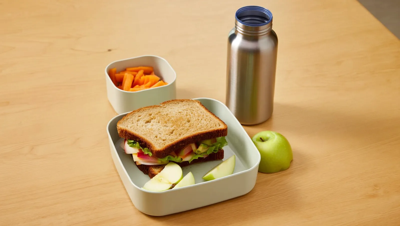 A packed school lunch on a table: a sandwich, apple slices, carrot sticks in a small container, and a water bottle.
