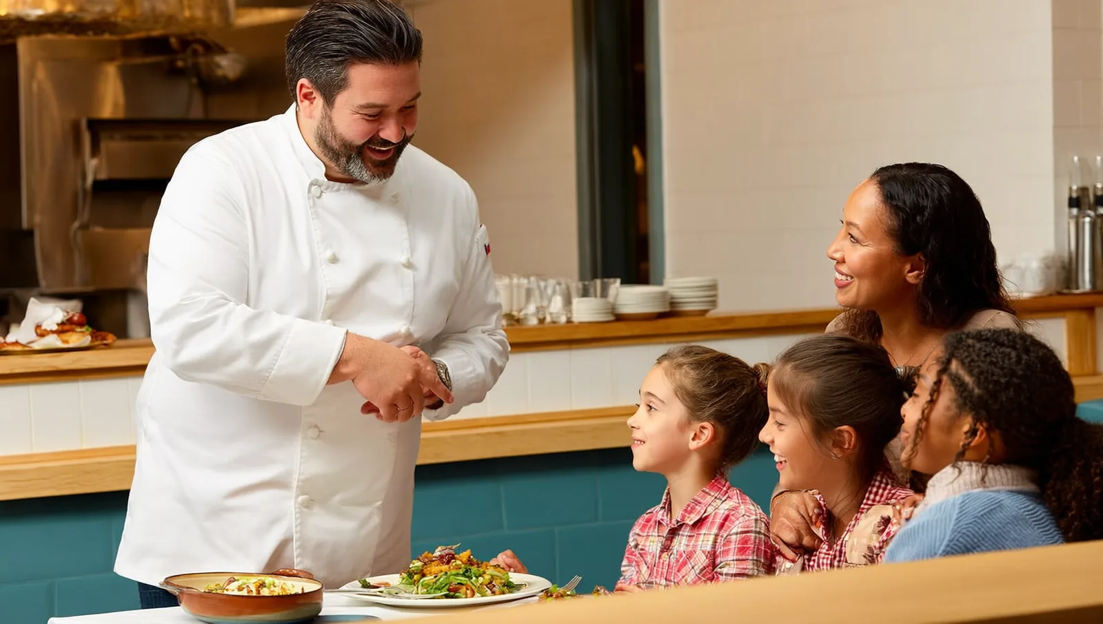 A chef leaning over a theme park restaurant counter to talk with a family about their meal.