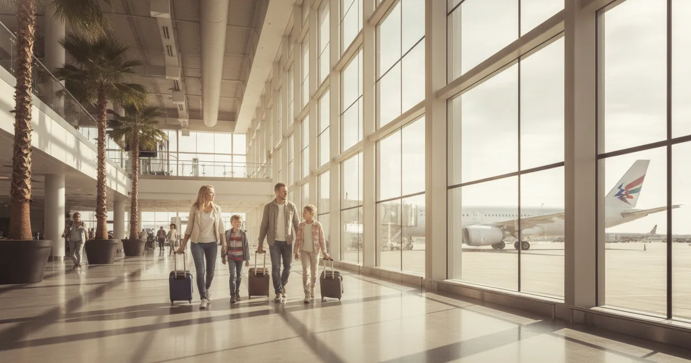 A family with rolling suitcases walking toward tall windows in a sunlit airport terminal with an airplane parked outside.