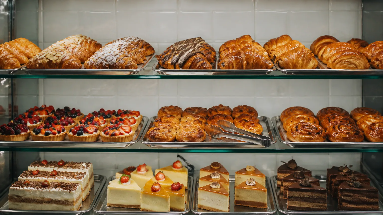 Pastries and cakes on trays in a bakery case