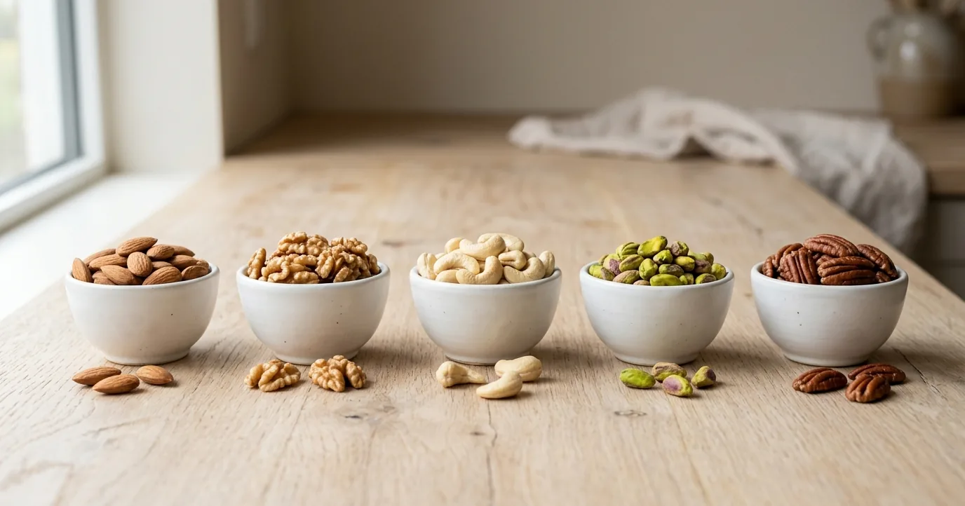 Almonds, walnuts, cashews and pistachios in small bowls