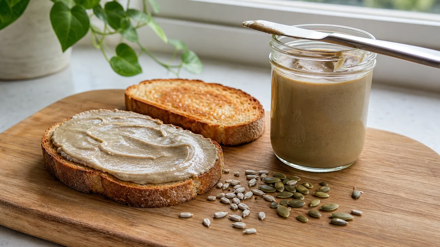 Seed butter spread on toast beside a glass jar