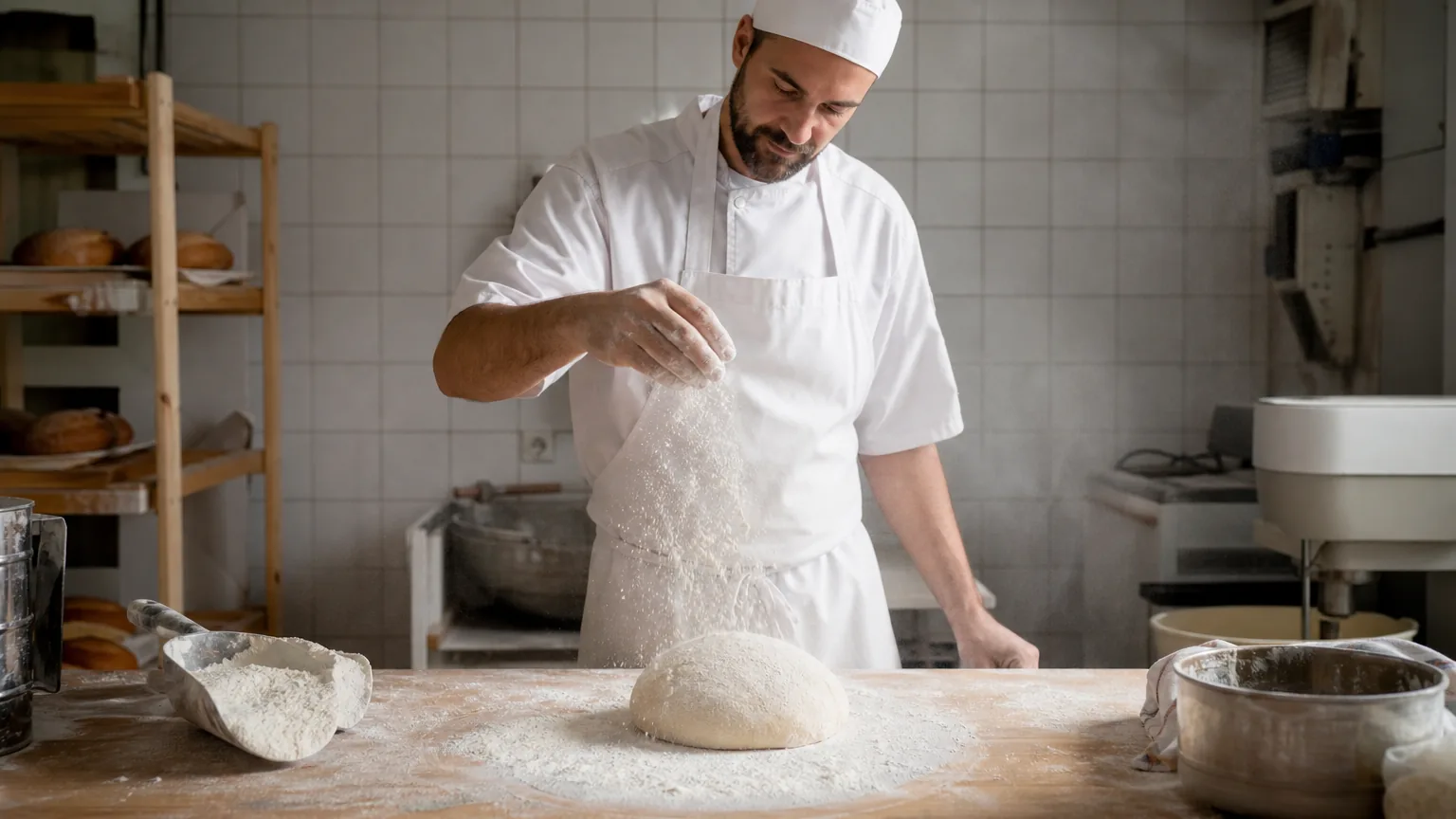 Baker sprinkling flour over dough on a workbench