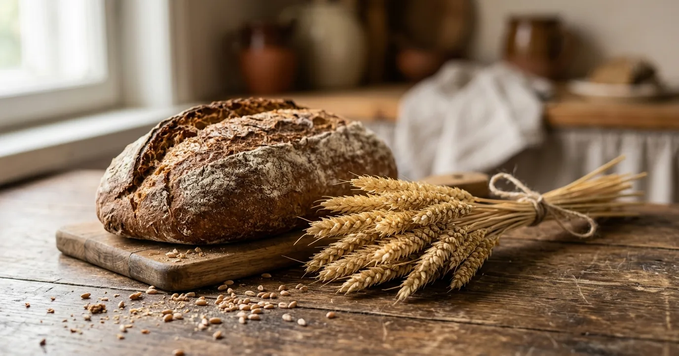Crusty bread loaf beside a bundle of wheat stalks