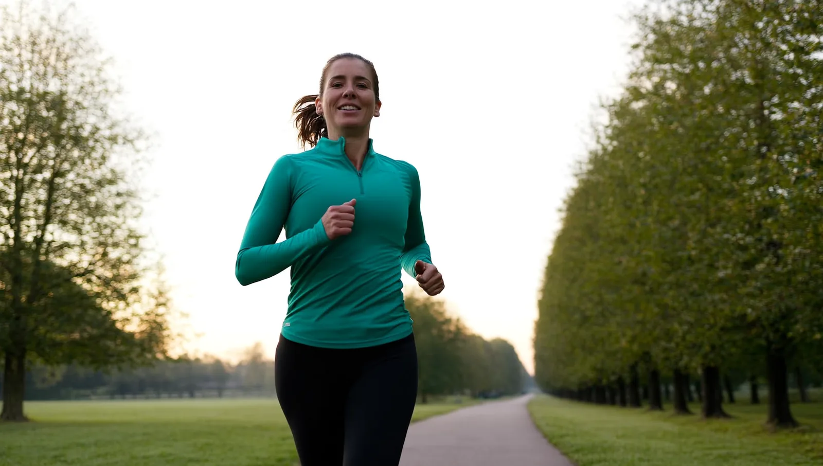 Woman jogging on a tree-lined park path