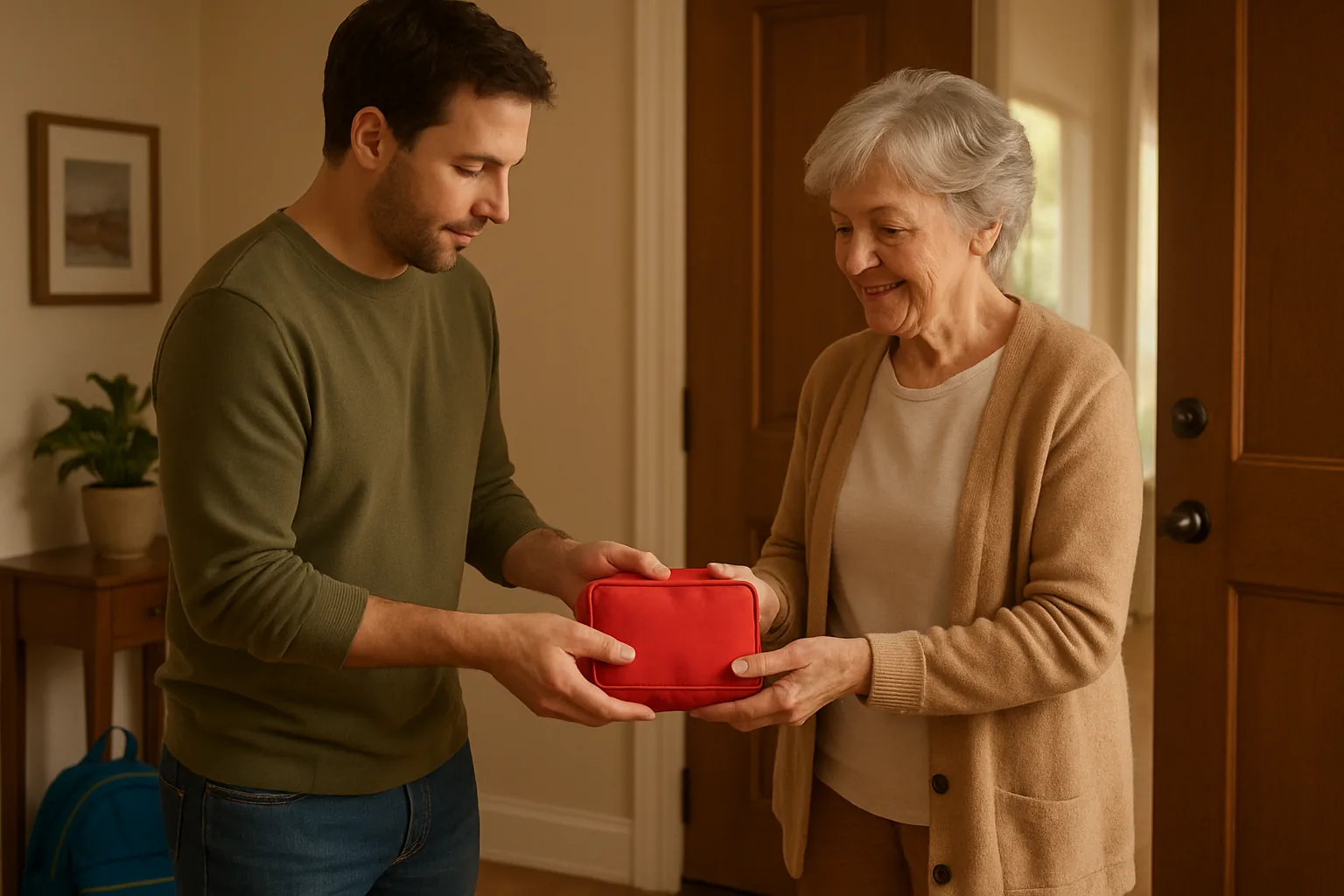 A man handing a red medical pouch to an older woman
