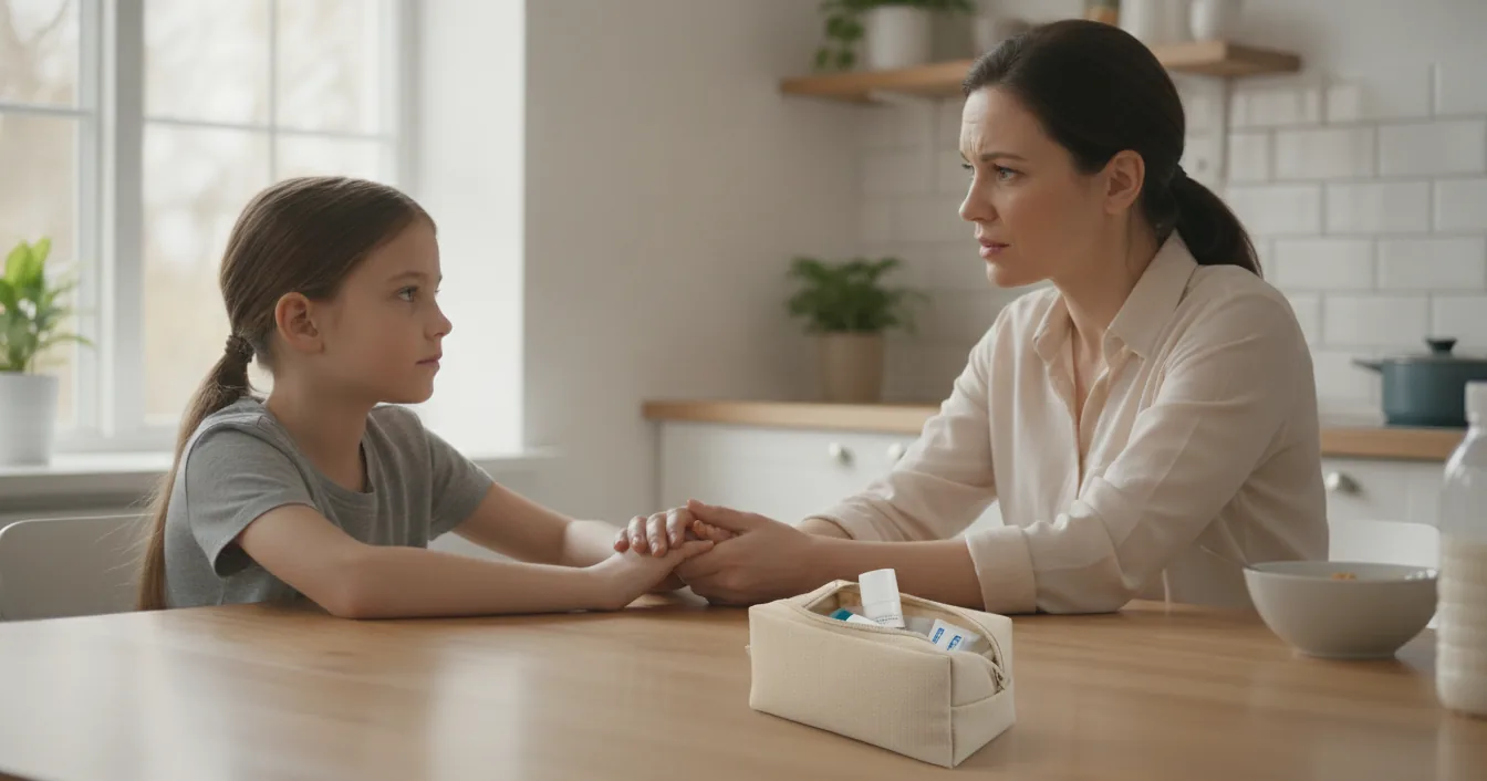 A parent and a child talking at a kitchen table